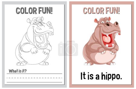 Téléchargez les illustrations : Feuilles à colorier pédagogiques mettant en vedette un hippopotame dessin animé - en licence libre de droit