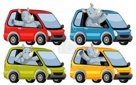 Four elephants in various colored cars