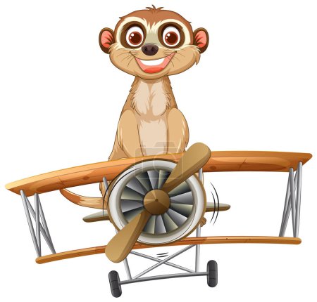 Téléchargez les illustrations : Meerkat joyeux volant un avion classique en bois - en licence libre de droit