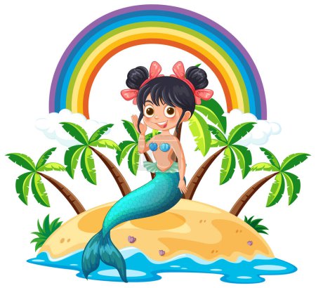Cheerful mermaid sitting on sandy beach under rainbow