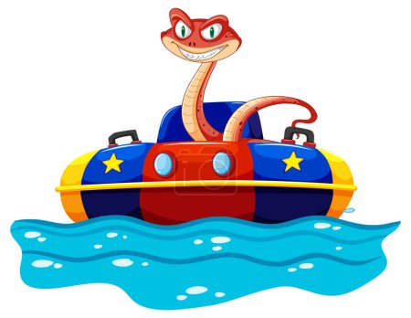 Cartoon snake enjoying a ride in a watercraft