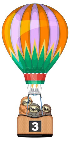 Three sloths in a vibrant hot air balloon