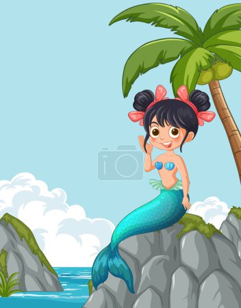 Téléchargez les illustrations : Une sirène heureuse assise sur une falaise rocheuse - en licence libre de droit