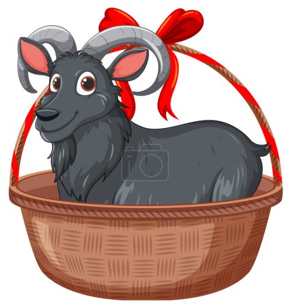 Téléchargez les illustrations : Chèvre noire mignonne assise dans un panier tissé - en licence libre de droit