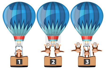 Illustration for Three monkeys enjoying a balloon ride together - Royalty Free Image