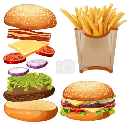 Vector graphics of burgers, fries, and ingredients