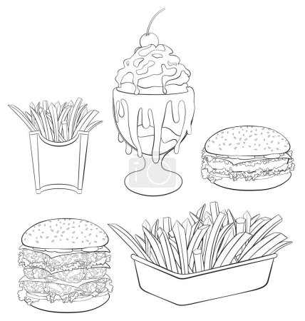 Outlined drawings of burgers, fries, and a sundae