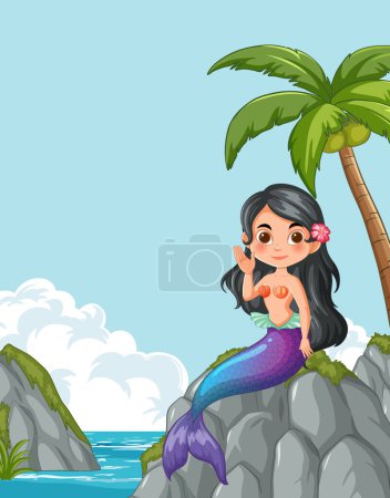 Téléchargez les illustrations : Illustration vectorielle d'une sirène saluant sur un rocher - en licence libre de droit