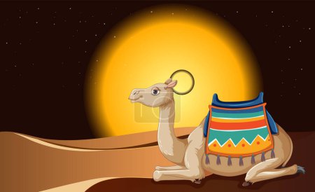 Illustration of a camel resting under a full moon