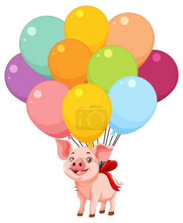 Cheerful pig tied to vibrant multicolored balloons