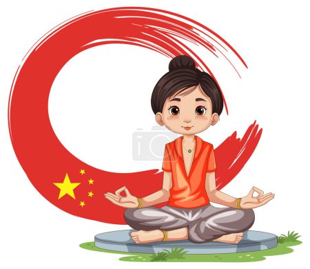 Ilustración de Chica joven meditando bajo estilizada media luna roja - Imagen libre de derechos