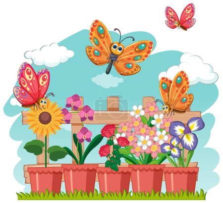 Téléchargez les illustrations : Des papillons vibrants flottant autour des fleurs en fleurs - en licence libre de droit