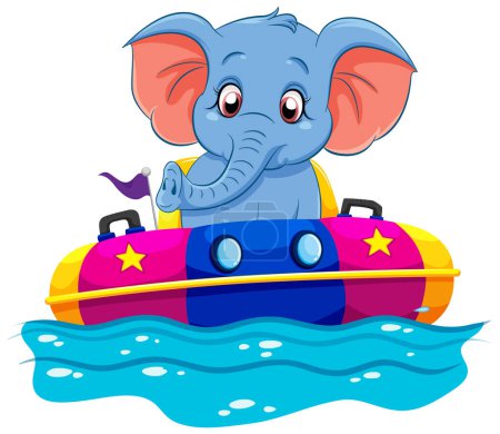 Ilustración de Elefante de dibujos animados en un barco colorido en el agua - Imagen libre de derechos
