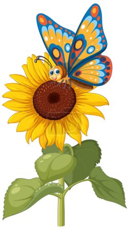 Ilustración de Vibrante mariposa encaramada en un girasol brillante - Imagen libre de derechos