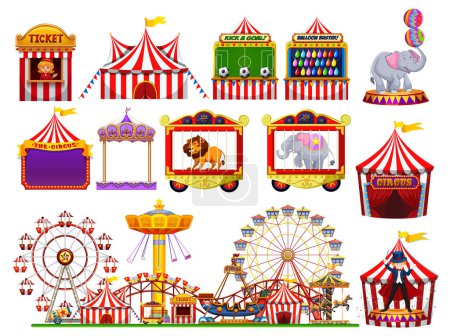 Vibrante escena de circo con carpas, animales y juegos