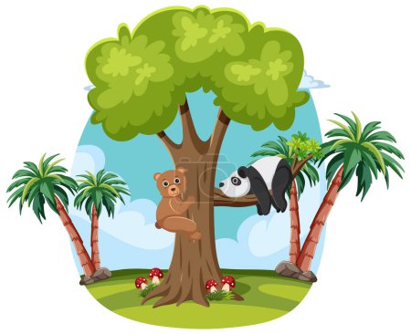 Bear and panda playing around a large tree.