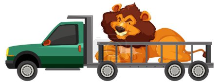 Vector illustration of a lion in a truck cage