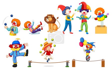 Illustration for Various circus performers and clowns in dynamic poses - Royalty Free Image