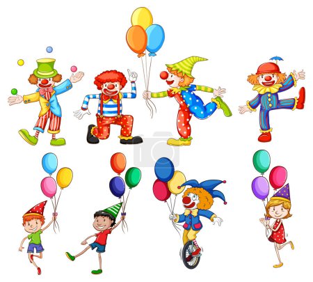 Illustration for Vector illustration of clowns and kids with balloons - Royalty Free Image