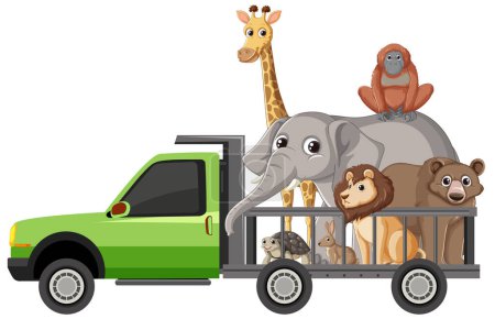 Colorful illustration of diverse animals in a truck