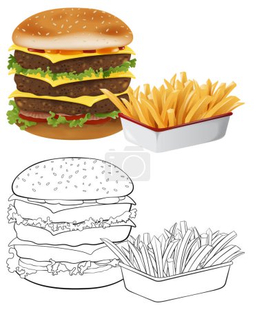 Ilustración de Colorido vector ilustración de hamburguesa y papas fritas - Imagen libre de derechos