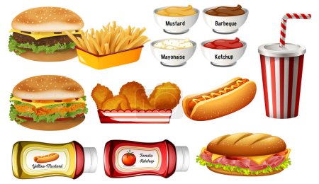 Collection of fast food items and condiments