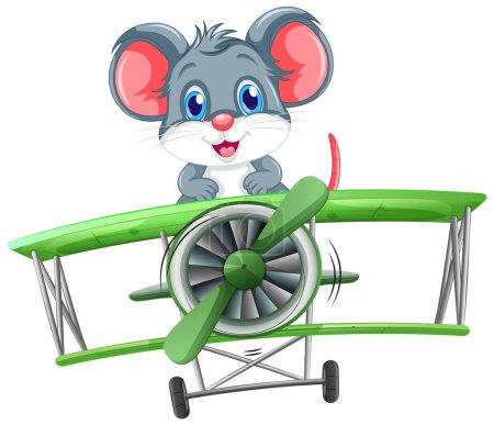 Téléchargez les illustrations : Souris dessin animé volant sur un biplan vert illustration - en licence libre de droit