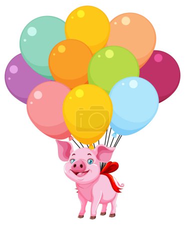 Ilustración de Un cerdo alegre sosteniendo un montón de globos - Imagen libre de derechos