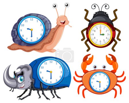 Téléchargez les illustrations : Animaux colorés combinés avec diverses horloges - en licence libre de droit