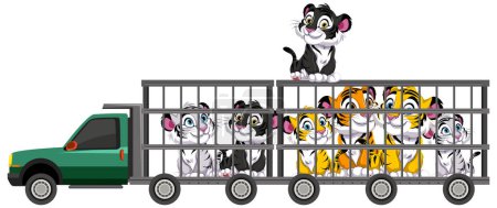 Vector illustration of tigers in a cage truck