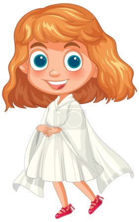 Chica de dibujos animados sonriendo en un vestido blanco que fluye