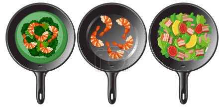 Three frying pans with different delicious meals