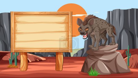 Téléchargez les illustrations : Cartoon Hyena se tient à côté d'un panneau vierge - en licence libre de droit