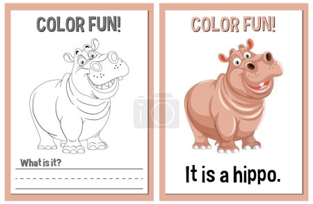 Téléchargez les illustrations : Activité de coloration éducative avec un hippopotame heureux - en licence libre de droit