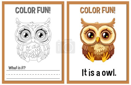 Coloring book pages with cartoon owl illustrations