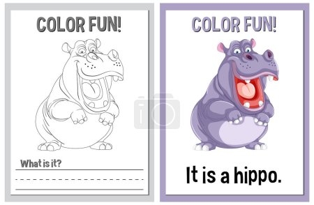 Coloring and colored illustrations of a hippo