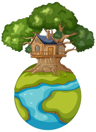 Téléchargez les illustrations : Illustration d'une cabane au sommet d'un globe - en licence libre de droit