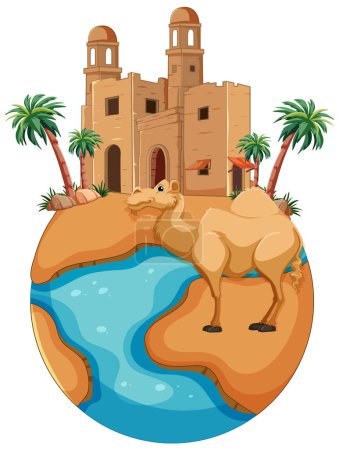 Ilustración de Camello frente a un oasis de desierto con palmeras - Imagen libre de derechos