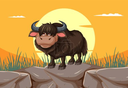 Téléchargez les illustrations : Illustration d'un yak debout sur un terrain rocheux - en licence libre de droit