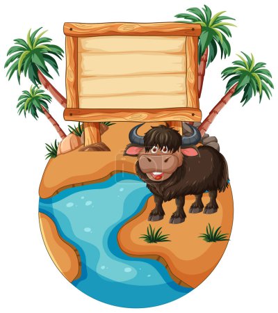 Illustration for Cartoon yak beside a sign on a tropical island - Royalty Free Image