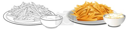 Illustration for Vector illustration of fries with two dipping sauces - Royalty Free Image