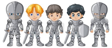 Ilustración de Cinco caballeros de dibujos animados en armadura, listos para la acción - Imagen libre de derechos