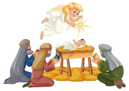 Illustration for Illustration of a nativity scene with angel and wise men - Royalty Free Image