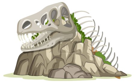 Ilustración vectorial de un cráneo de dinosaurio entre rocas