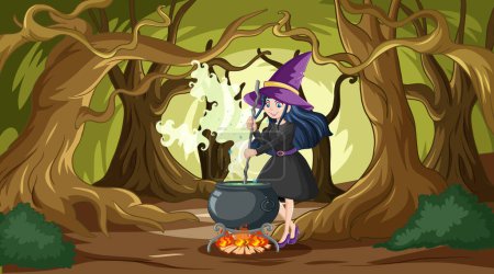Téléchargez les illustrations : Une sorcière prépare une potion magique à l'extérieur - en licence libre de droit