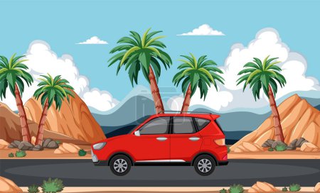 Téléchargez les illustrations : Illustration vectorielle d'une voiture dans un paysage désertique - en licence libre de droit