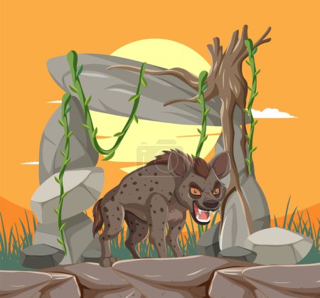 Téléchargez les illustrations : Illustration vectorielle d'une hyène dans un cadre naturel - en licence libre de droit