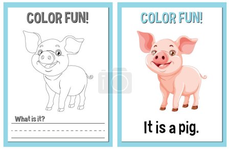 Coloring and learning activity cards with a pig