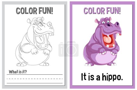 Educational coloring pages featuring a cartoon hippo