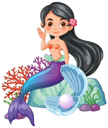 Téléchargez les illustrations : Illustration vectorielle d'une sirène amicale avec corail - en licence libre de droit